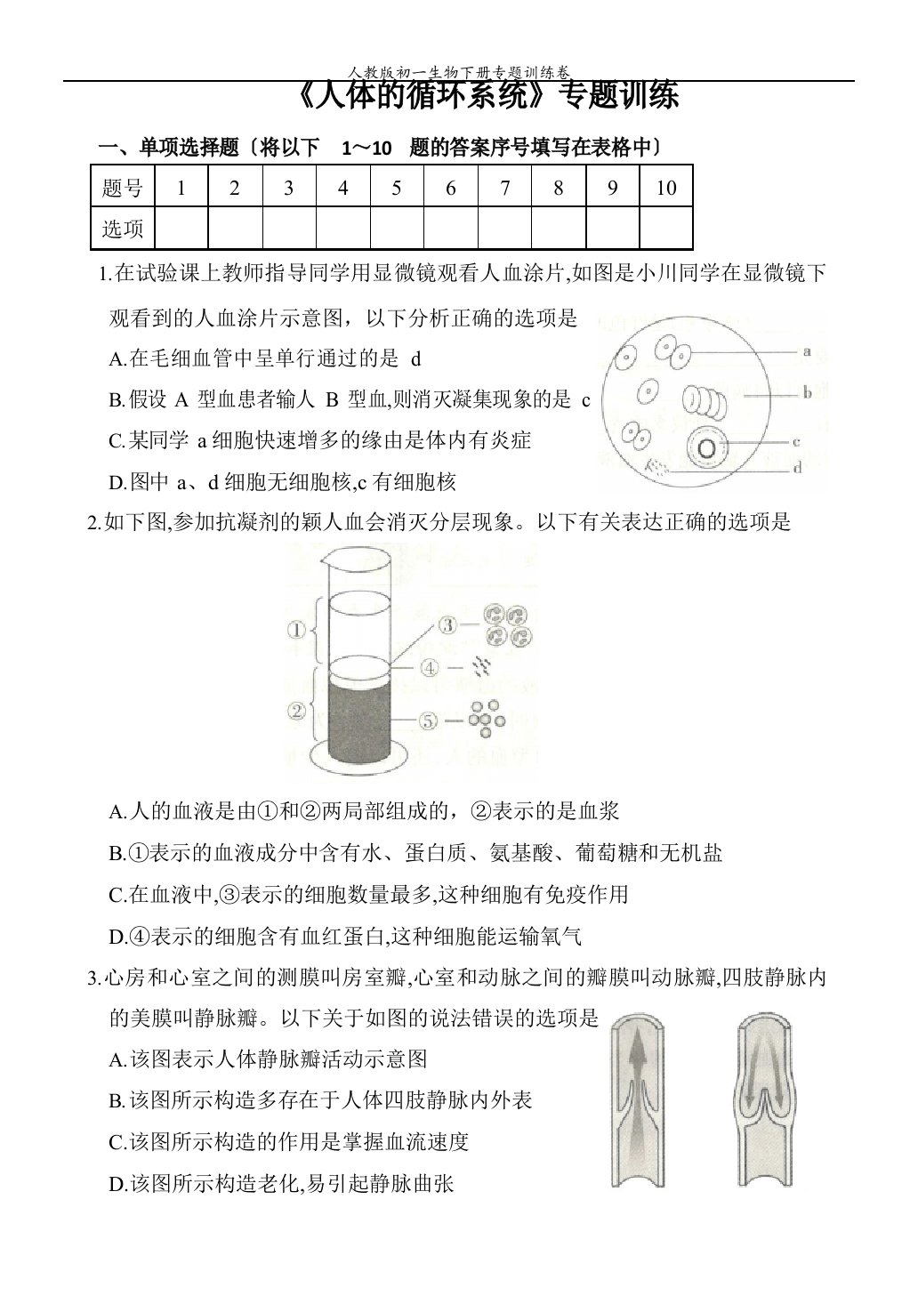 人教版七年级生物下册专题训练卷：人体的循环系统