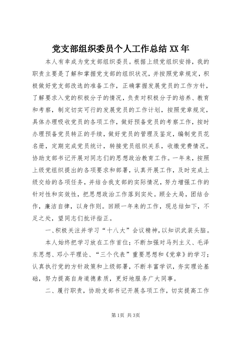 党支部组织委员个人工作总结某年