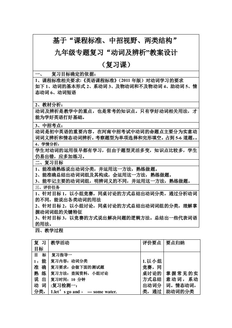 仁爱版九年级英语中考二轮专题复习教案：（动词及辨析）教案