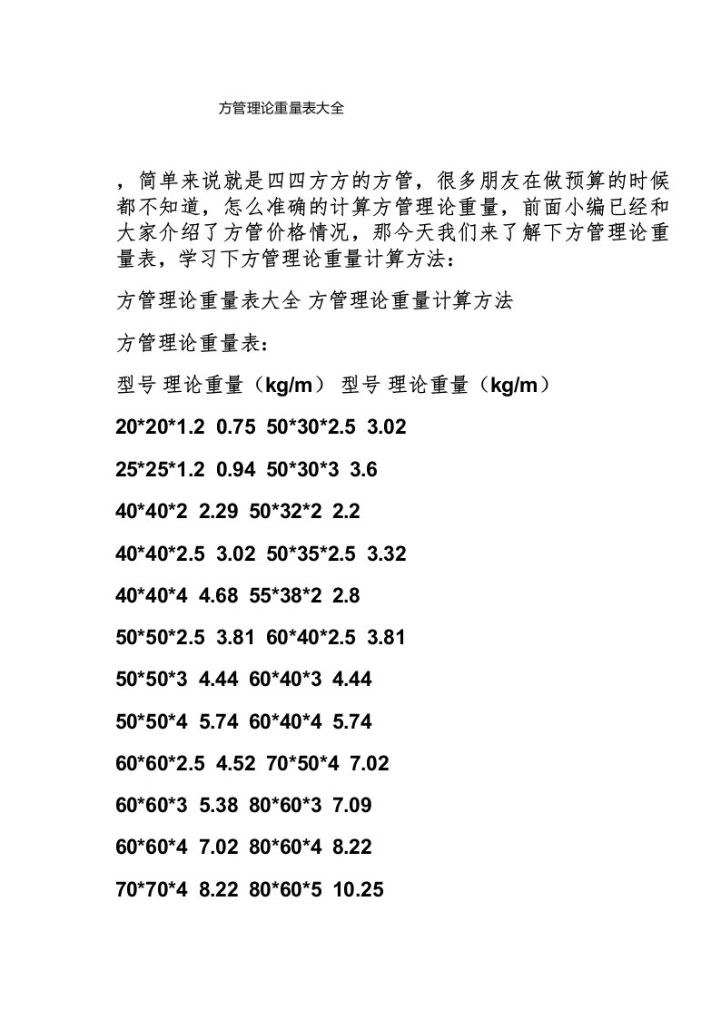 方管理论重量表大全