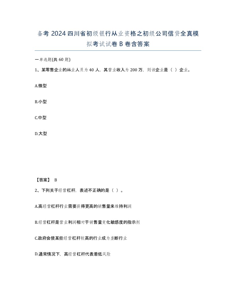 备考2024四川省初级银行从业资格之初级公司信贷全真模拟考试试卷B卷含答案