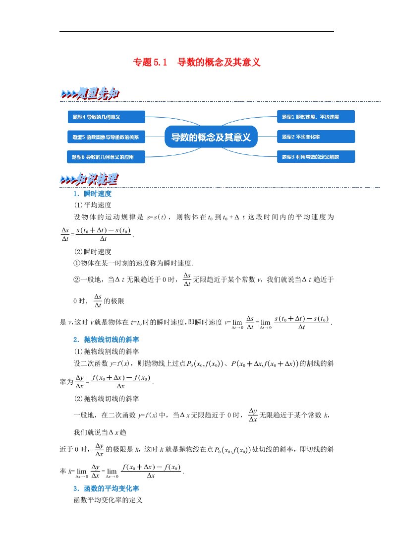 2024年高中数学专题5_1重难点题型培优精讲导数的概念及其意义教师版新人教A版选择性必修第二册