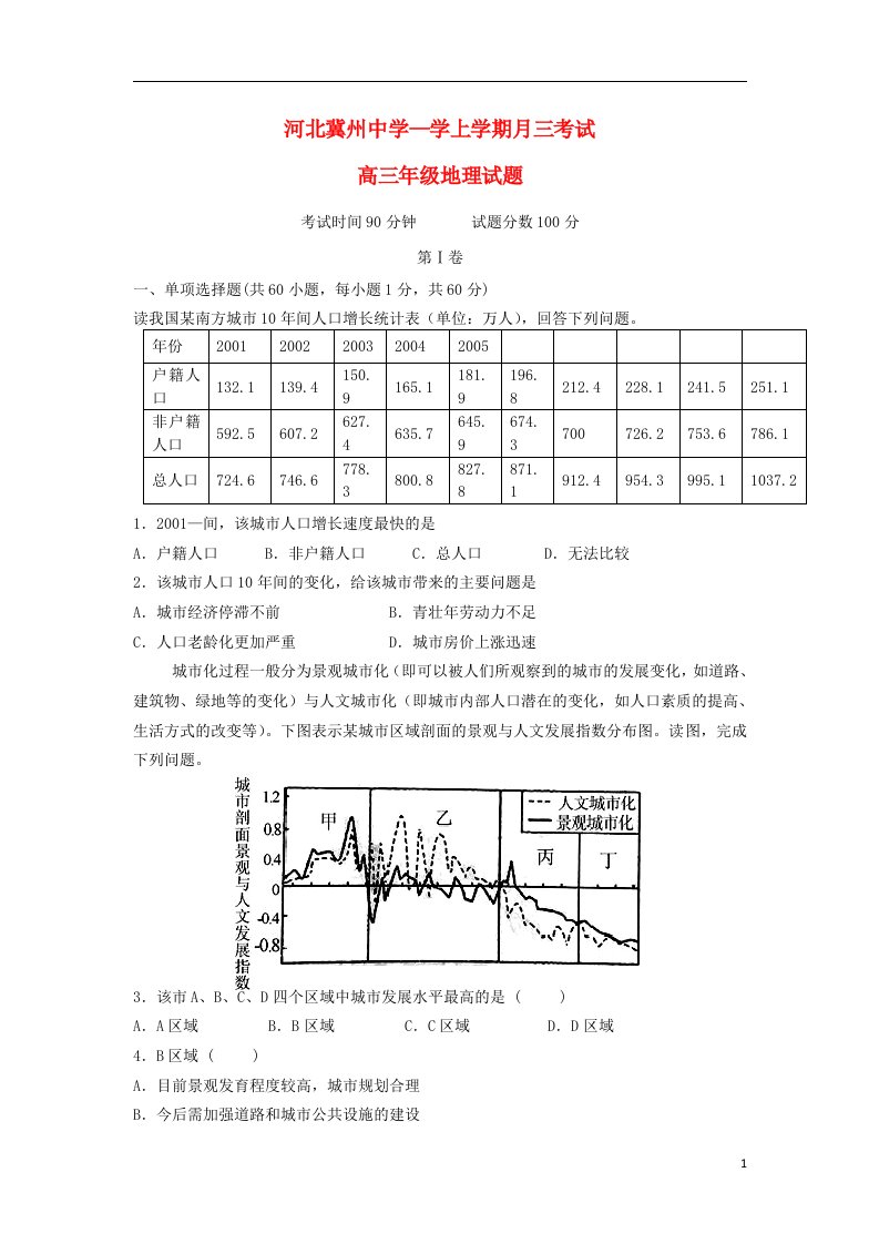 河北省衡水市冀州中学高三地理上学期第三次月考试题A卷