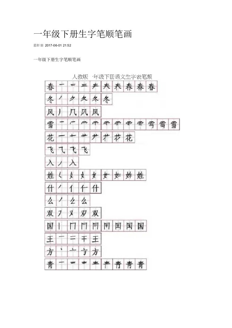 一年级下册生字笔顺笔画