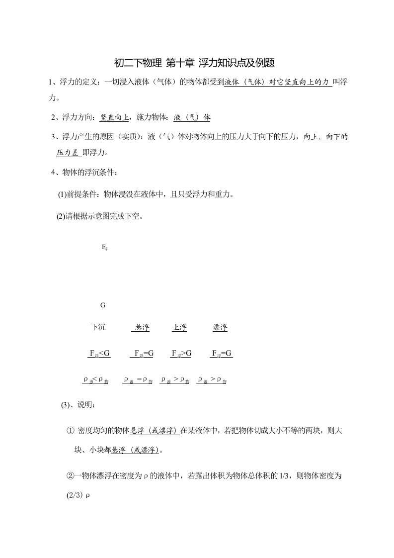 初二物理第十章浮力知识点及例题