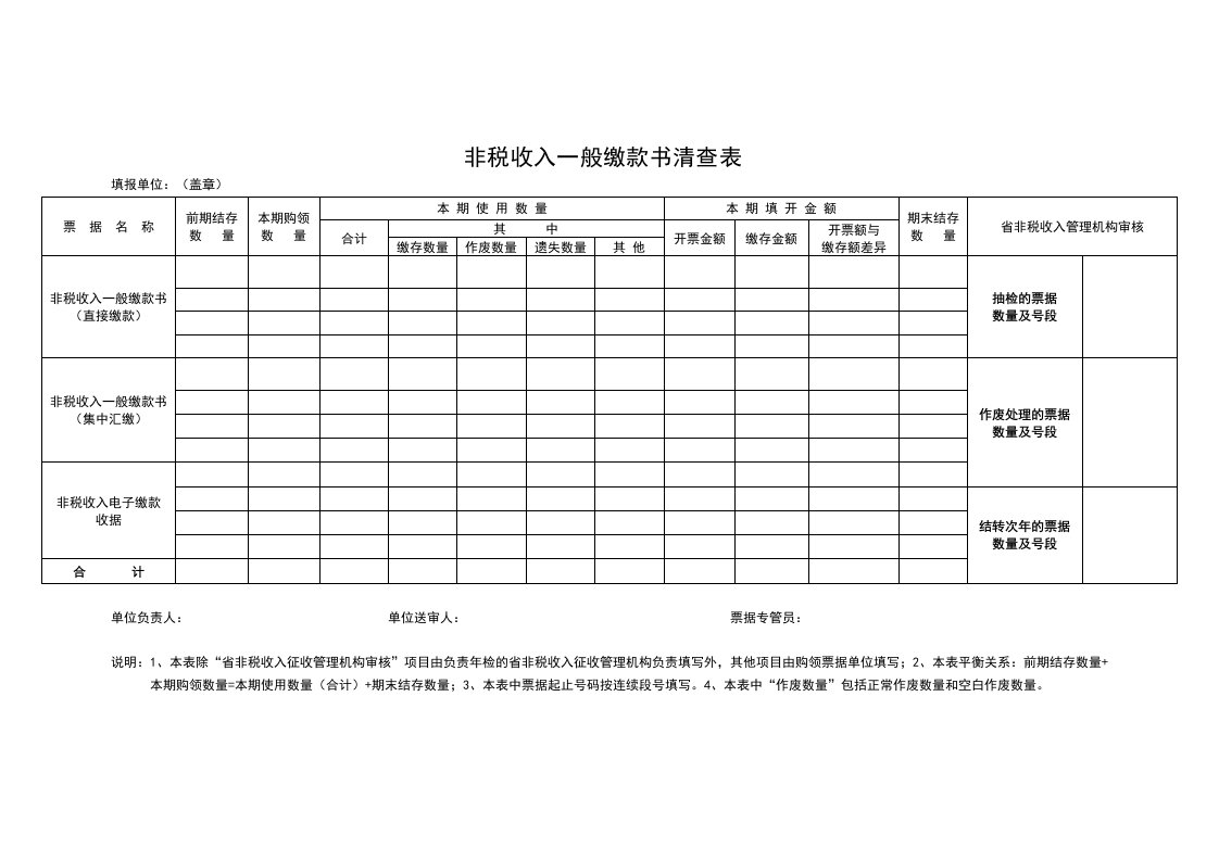 非税收入一般缴款书清查表