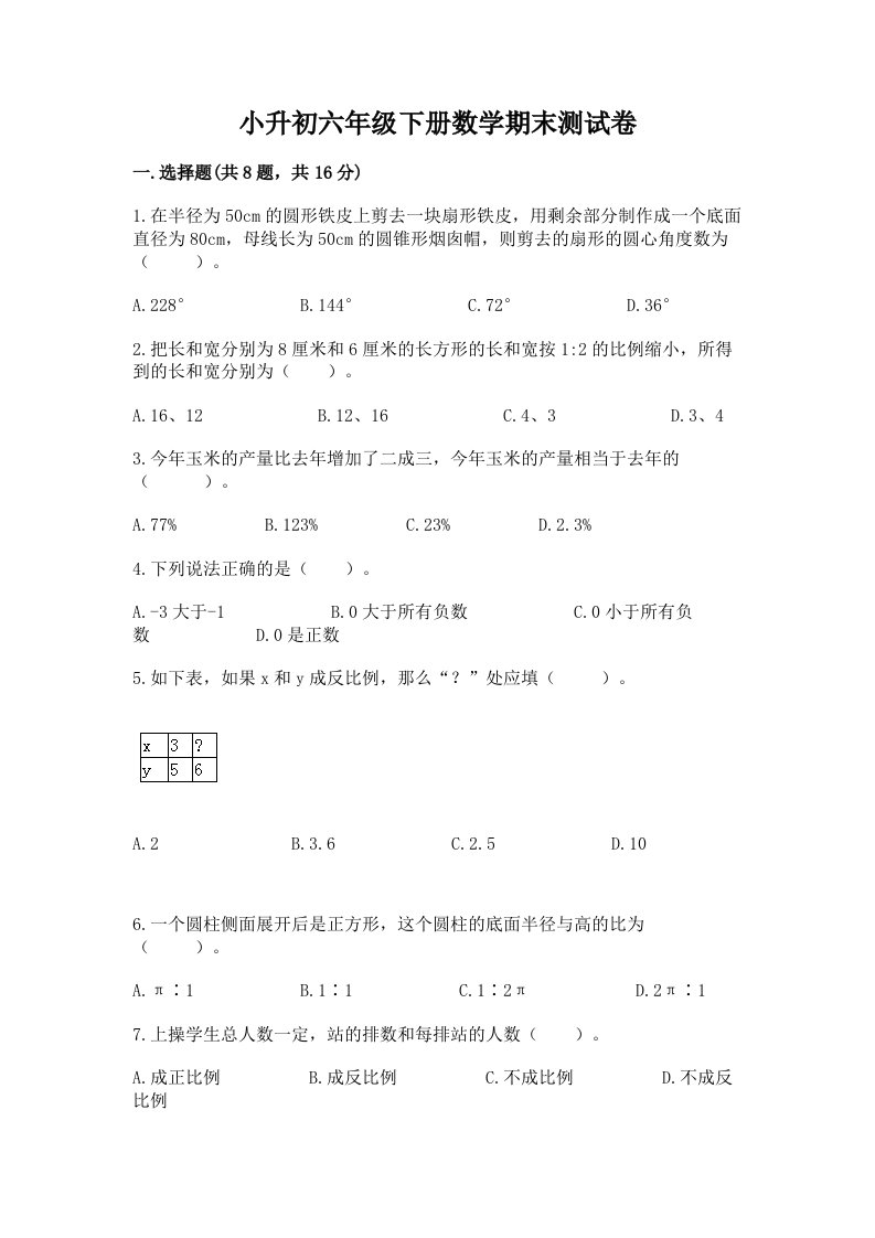 小升初六年级下册数学期末测试卷（真题汇编）