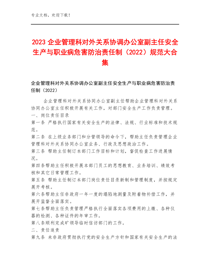 2023企业管理科对外关系协调办公室副主任安全生产与职业病危害防治责任制（2022）规范大合集