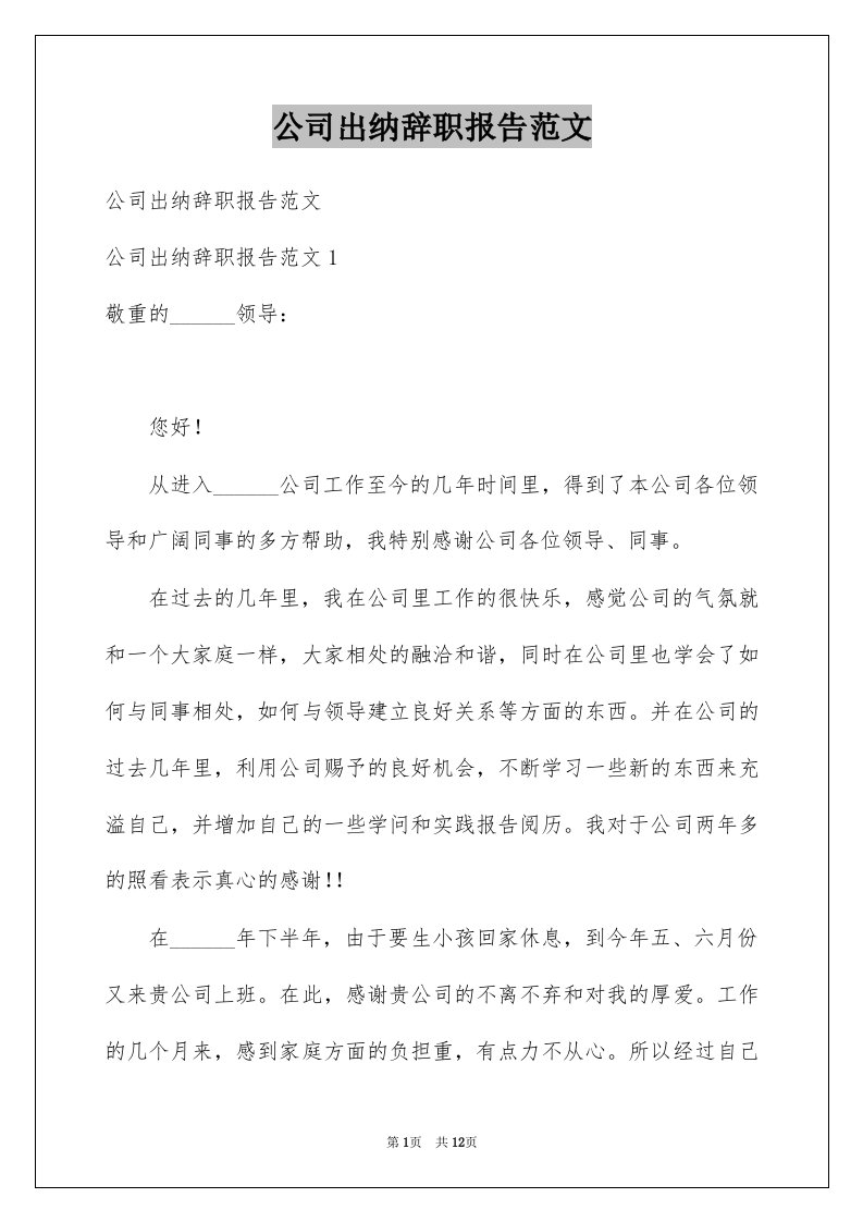 公司出纳辞职报告范文范本