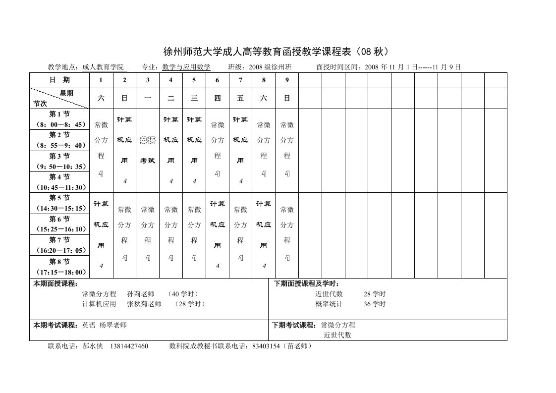 徐州师范大学成人高等教育函授教学课程表(08秋)