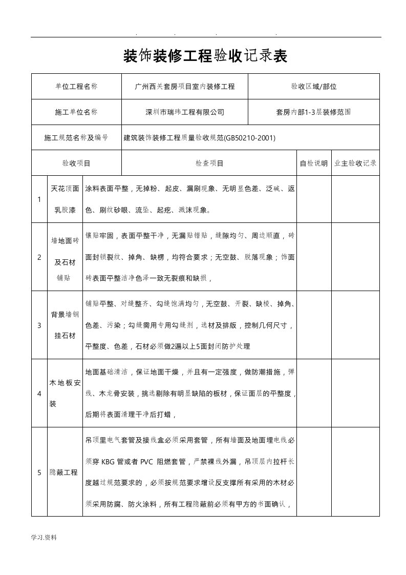 项目竣工验收记录表