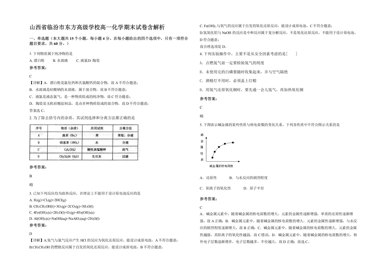 山西省临汾市东方高级学校高一化学期末试卷含解析