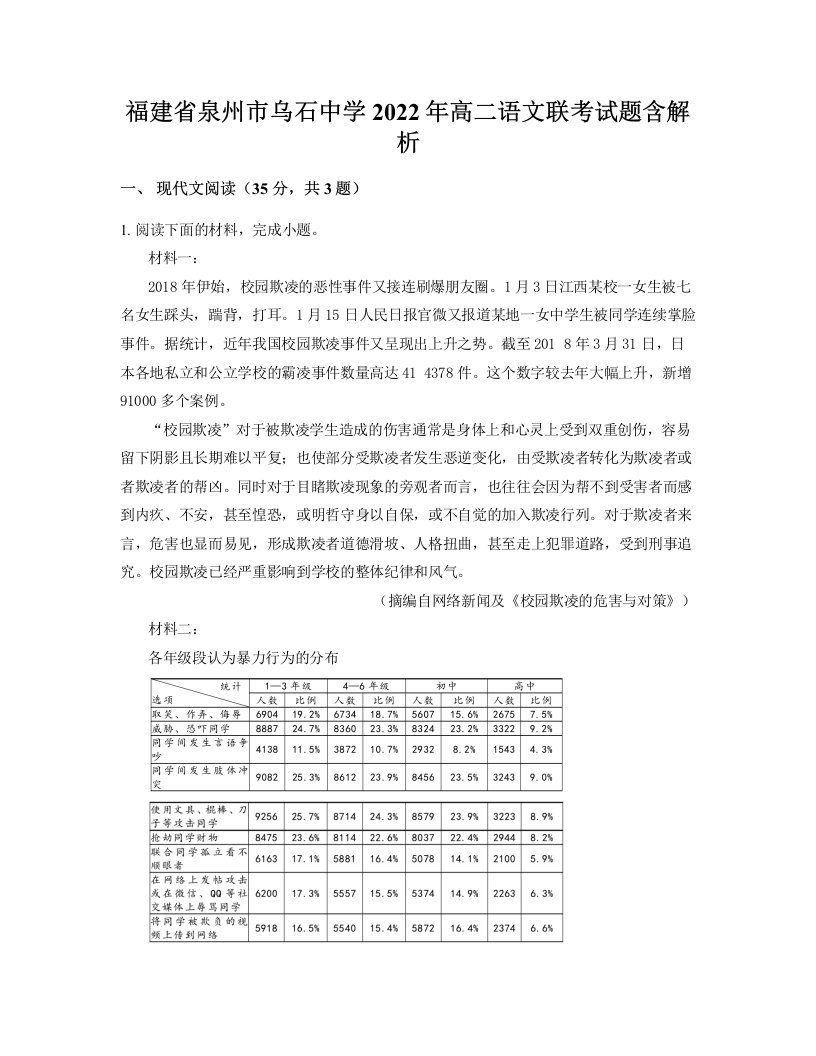 福建省泉州市乌石中学2022年高二语文联考试题含解析