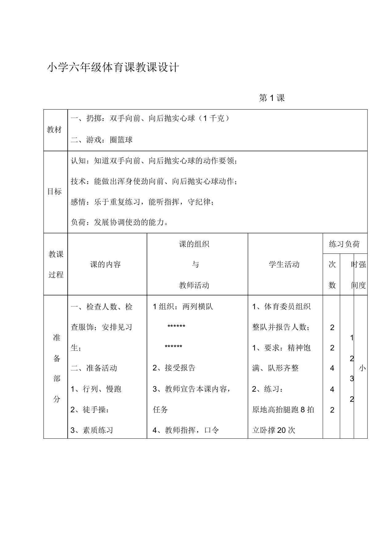 小学六年级下册体育课教案