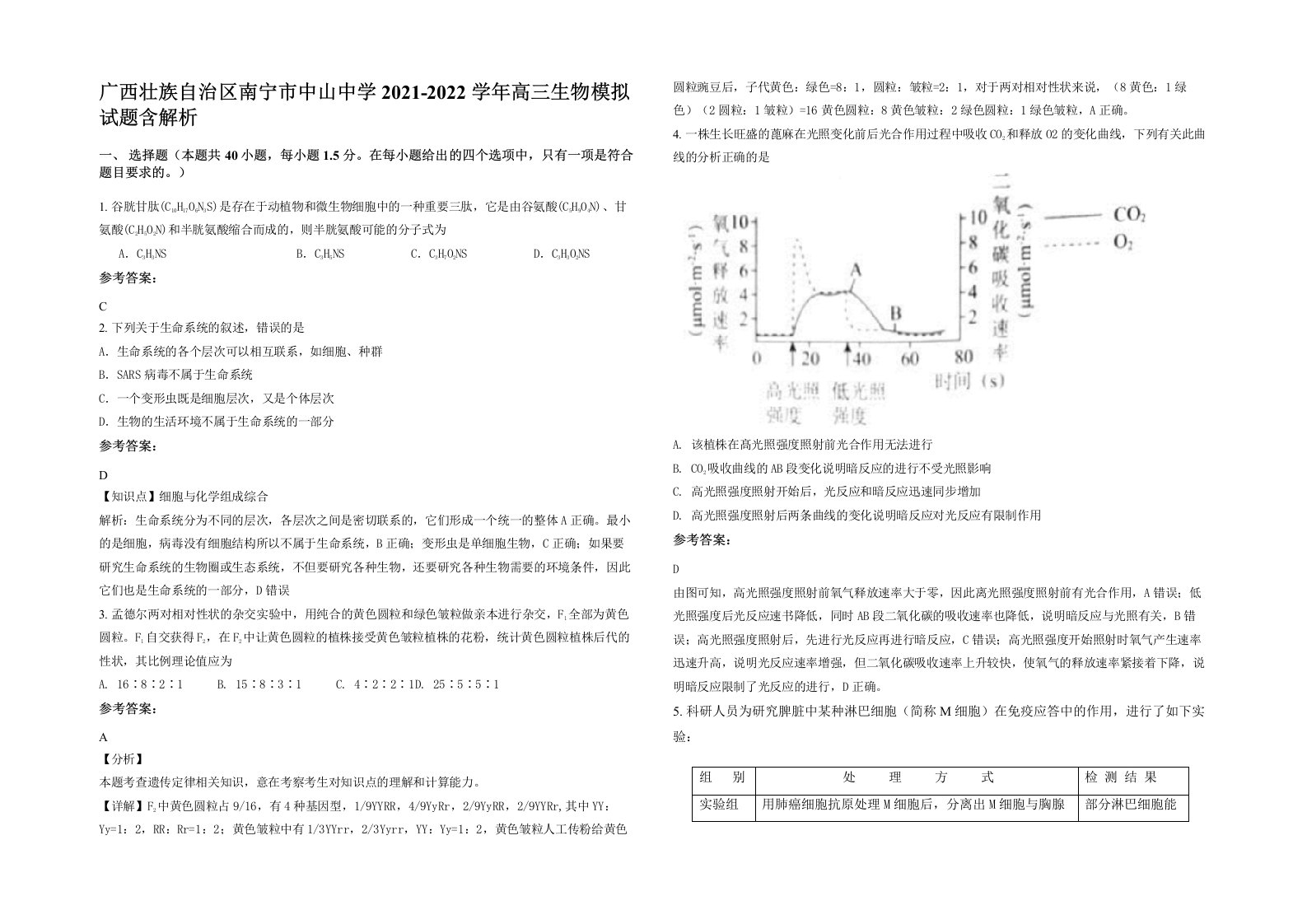 广西壮族自治区南宁市中山中学2021-2022学年高三生物模拟试题含解析