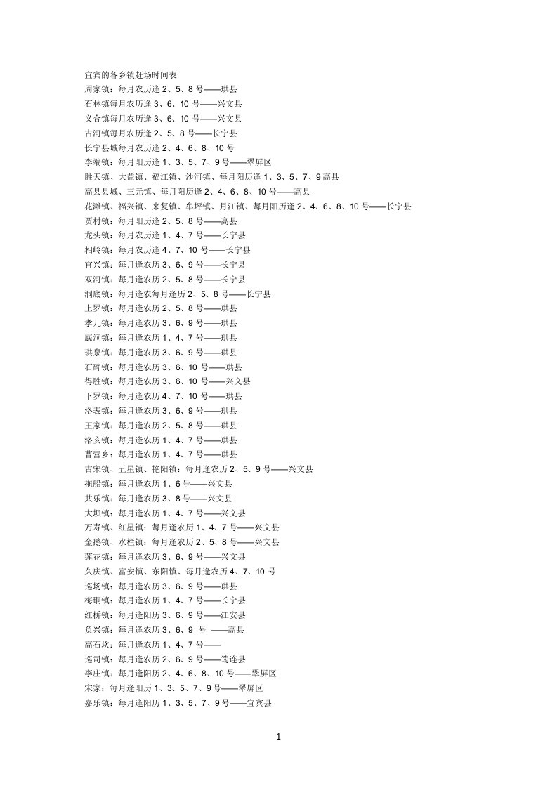 宜宾各乡镇赶集时间表