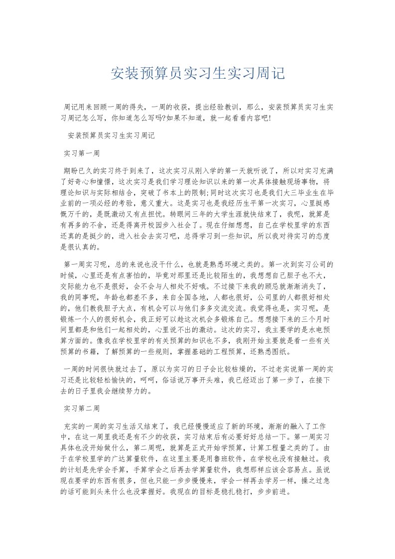 总结报告安装预算员实习生实习周记