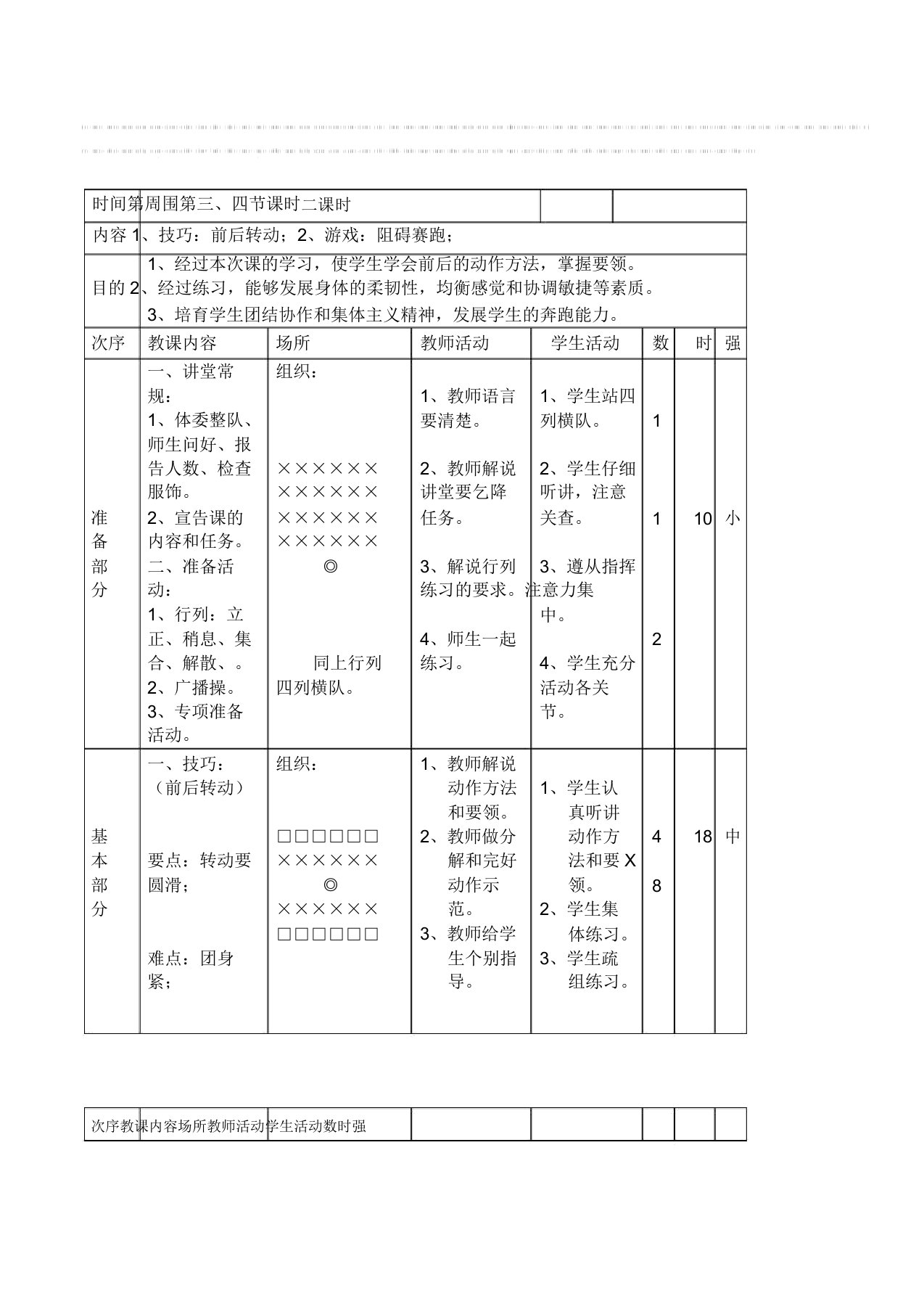 小学体育与健康二年级《技巧前后滚动游戏障碍赛跑》表格式教案设计