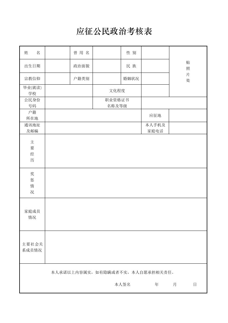 部队应征公民政治考核表格式-双面打印(空表)