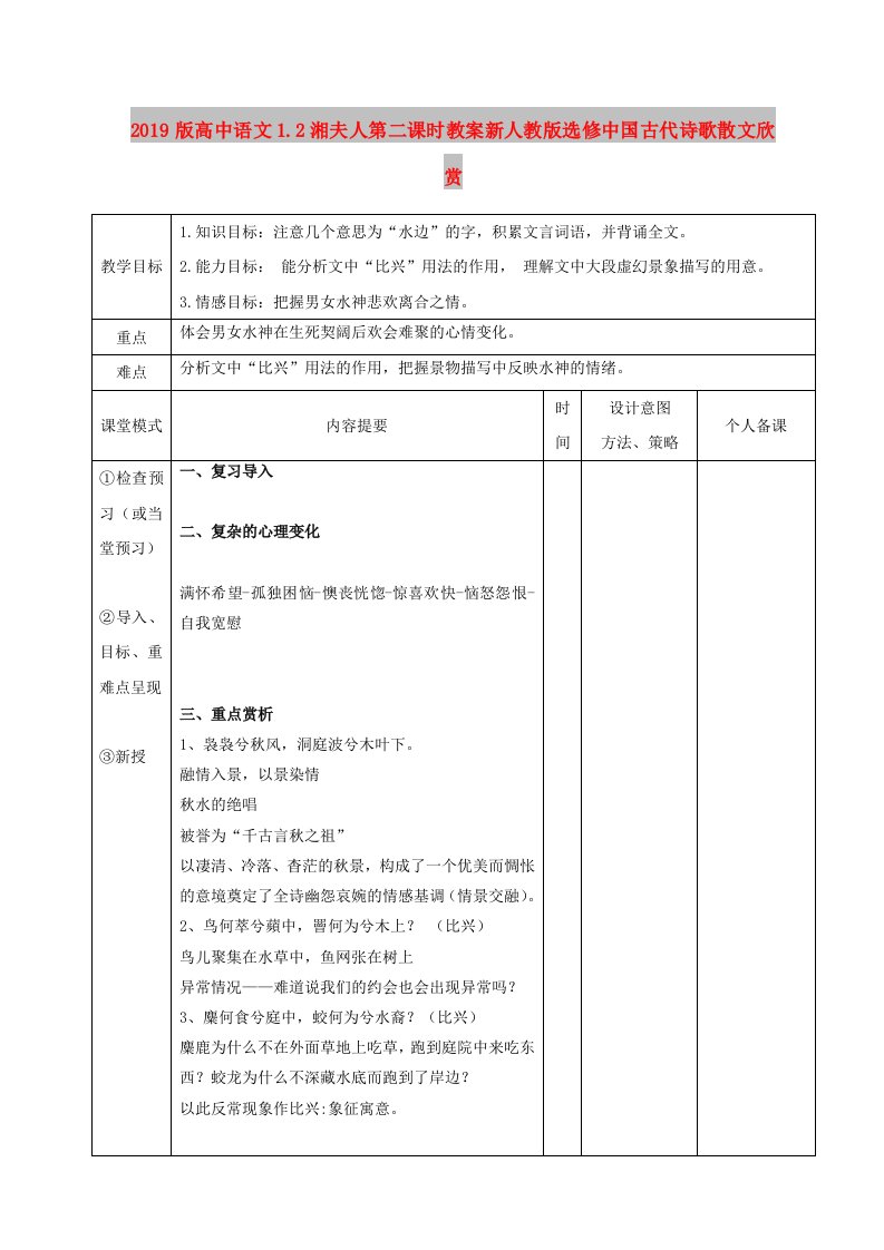 2019版高中语文1.2湘夫人第二课时教案新人教版选修中国古代诗歌散文欣赏