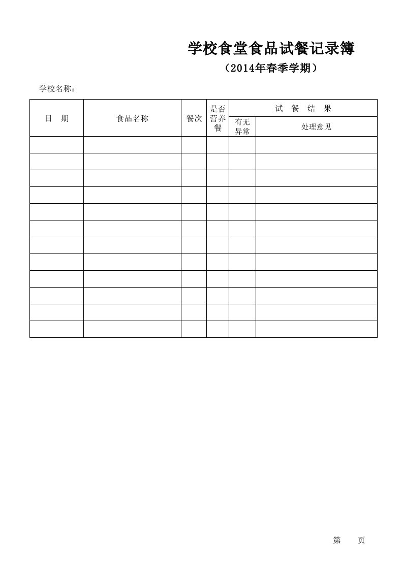 学校食堂食品试餐记录簿