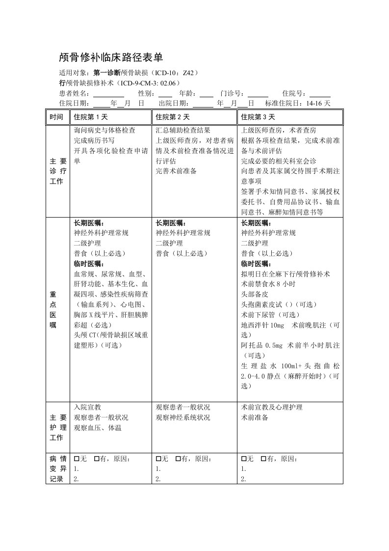 颅骨缺损临床路径表单