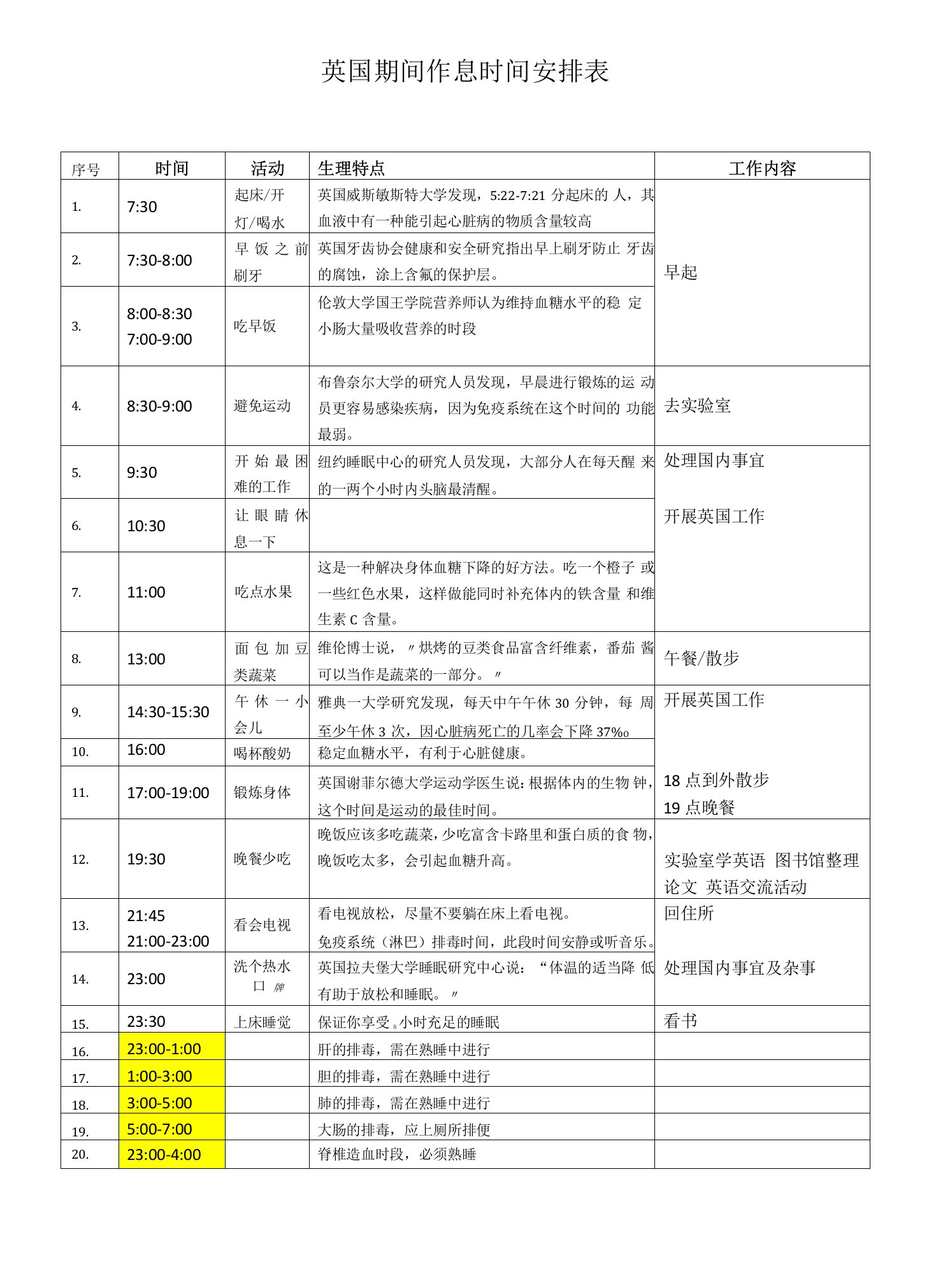 英国作息时间安排表