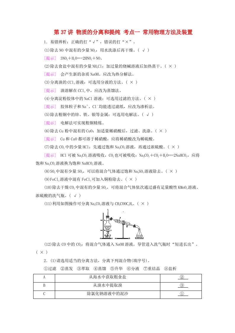 2025版高考化学一轮总复习自主小练第10章化学实验基础和综合探究第37讲物质的分离和提纯考点一常用物理方法及装置