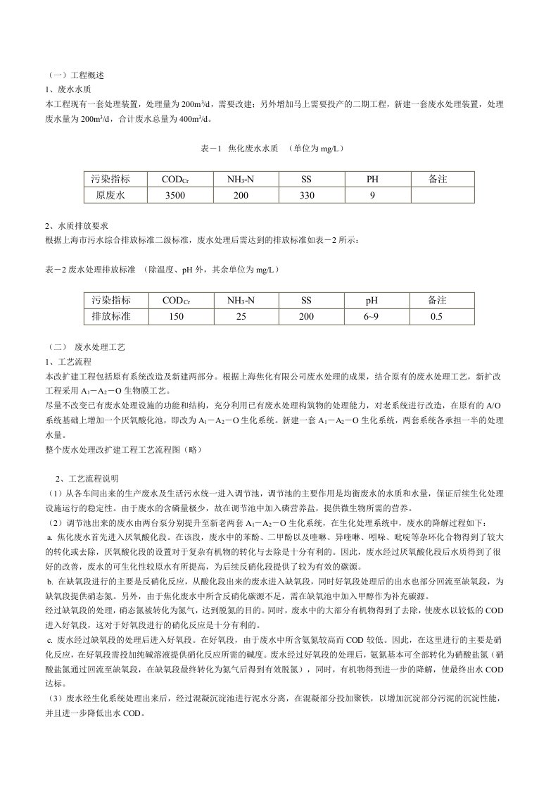 焦化废水处理工程技术方案