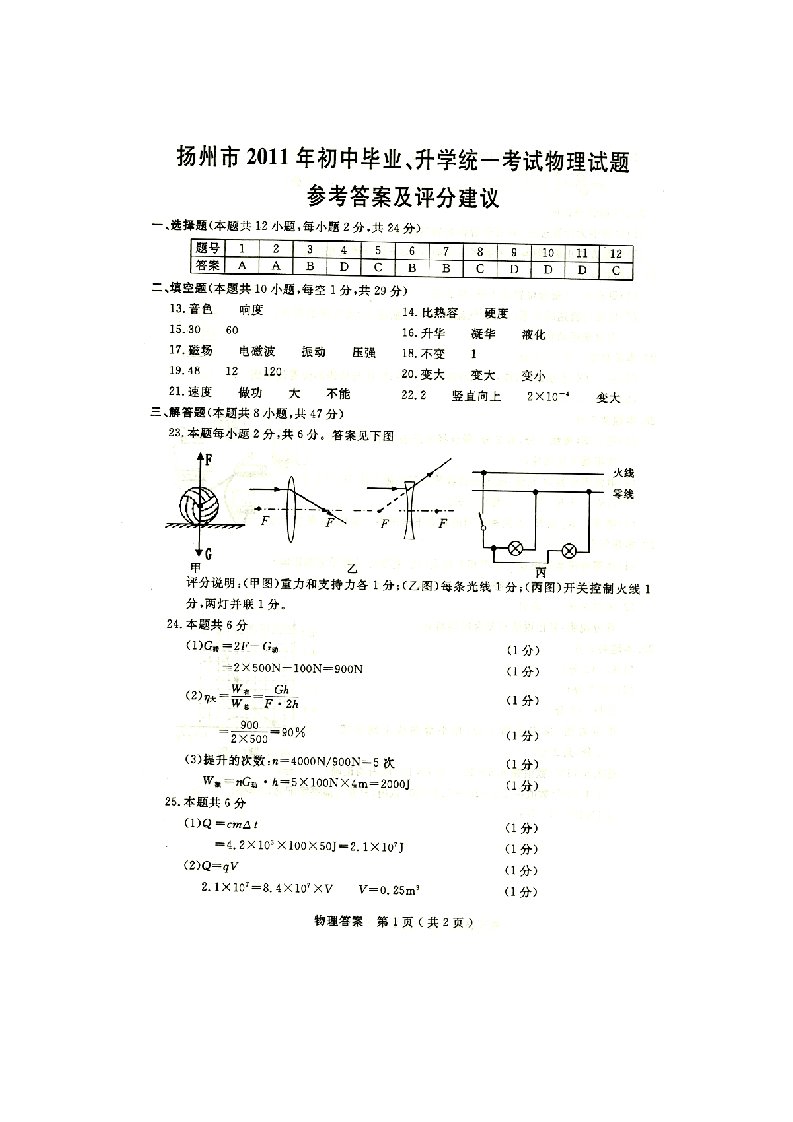 扬州中考物理试题答案