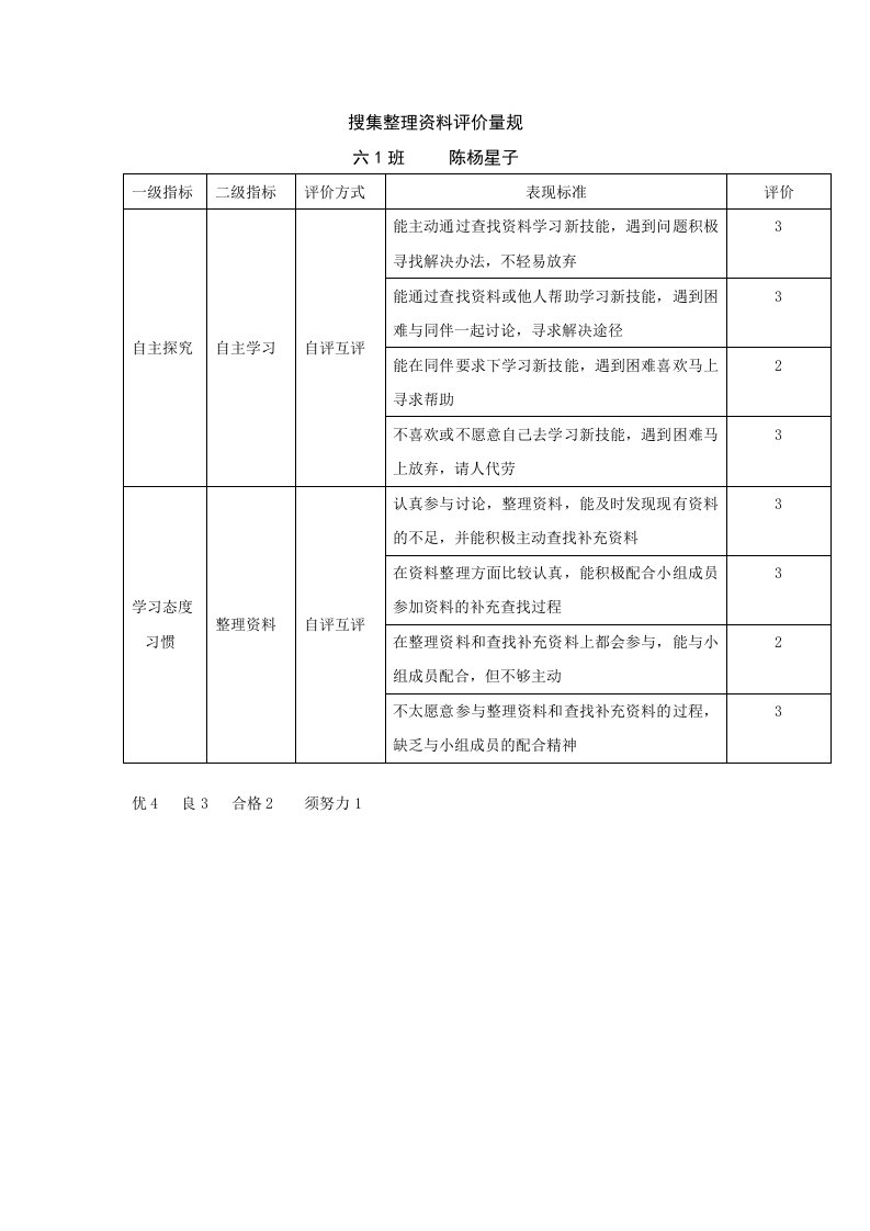 搜集整理资料评价量规