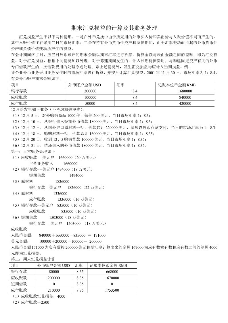 期末汇兑损益的计算及其账务处理