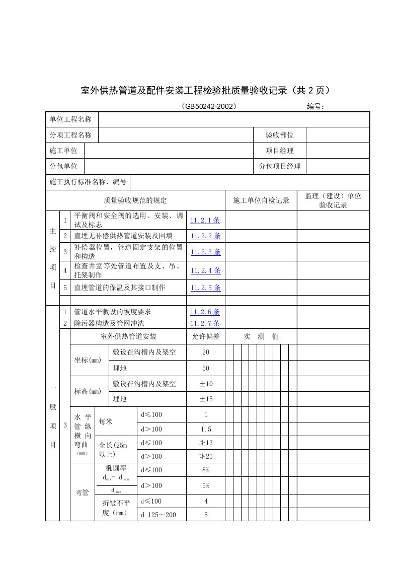 【管理精品】室外供热管道及配件安装工程检验批质量验收记录(共2页)