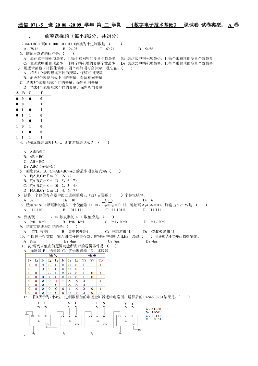 青岛理工大学数字电路技术2007a