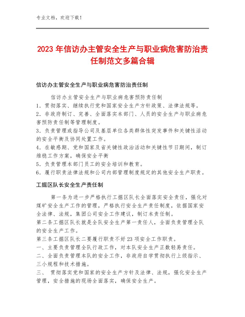 2023年信访办主管安全生产与职业病危害防治责任制范文多篇合辑