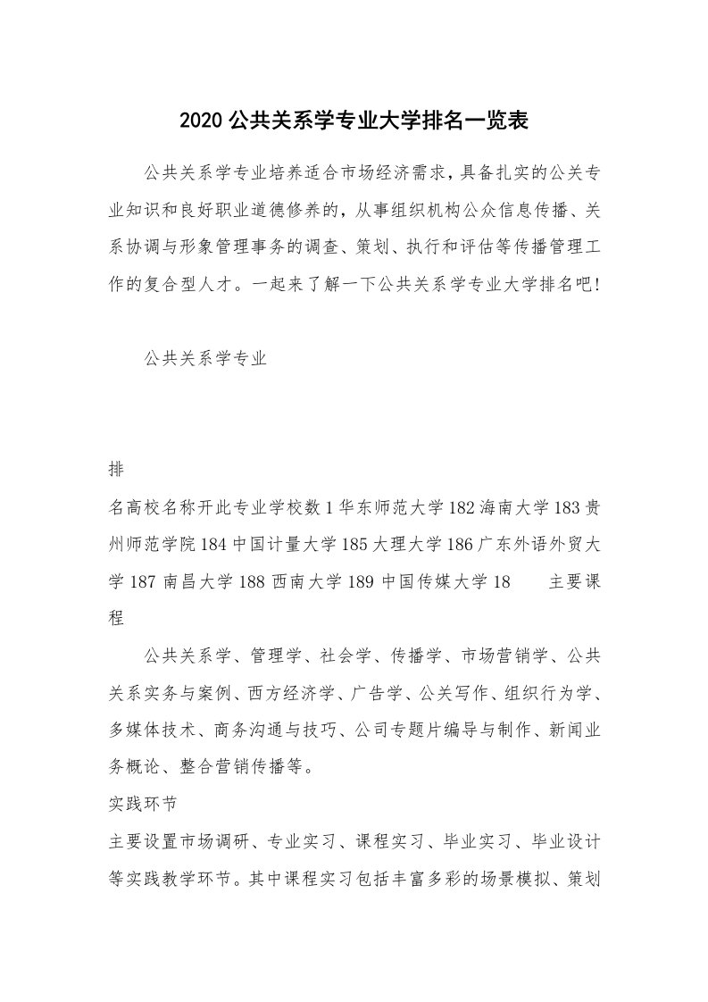 2020公共关系学专业大学排名一览表