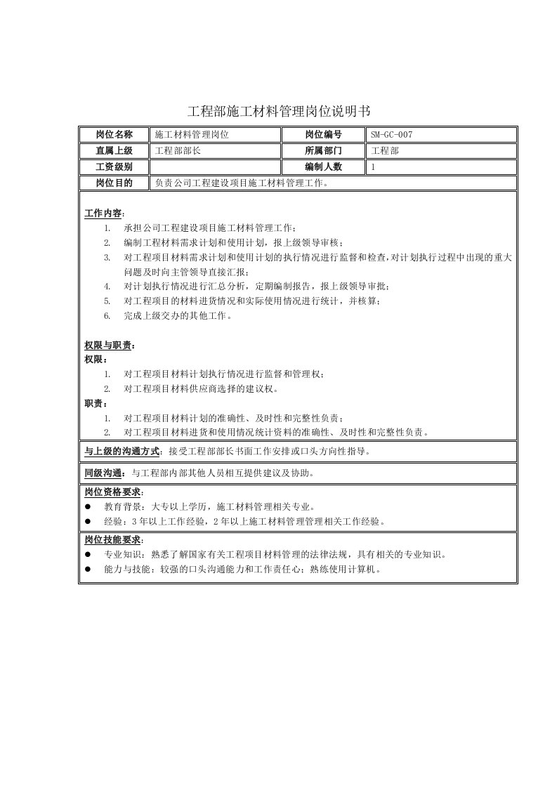 岗位职责-工程部施工材料管理岗位说明书