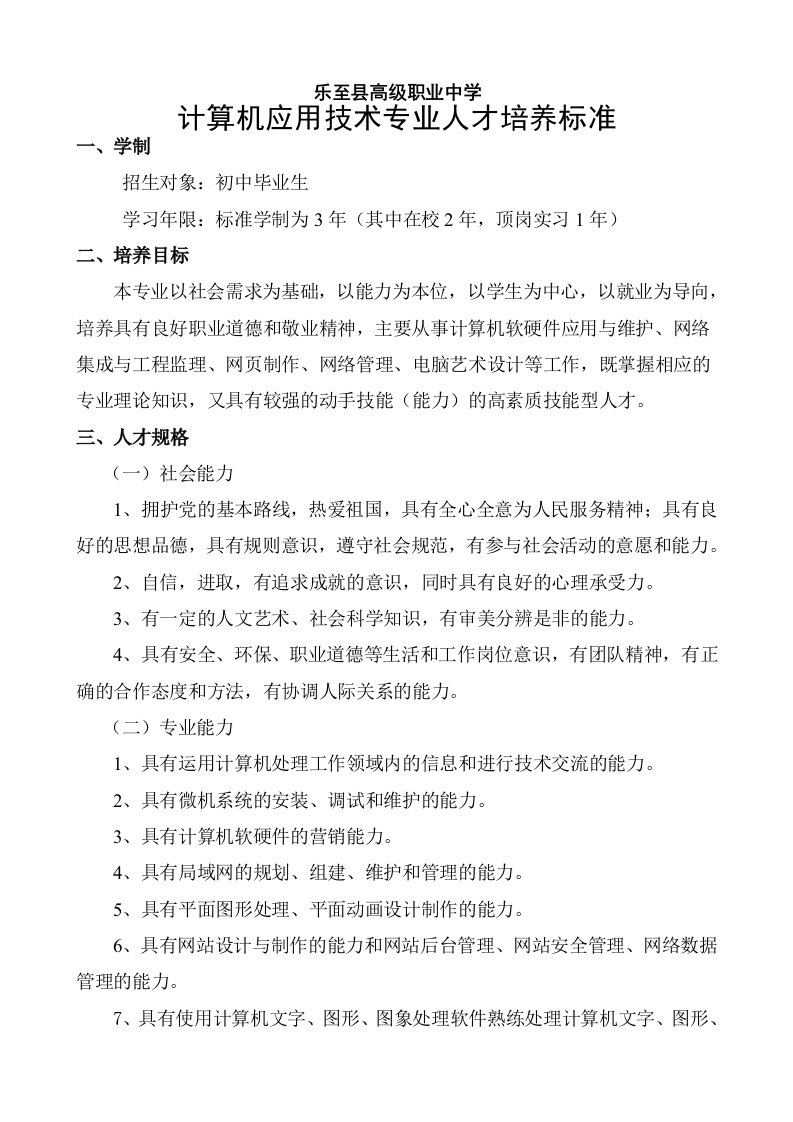 计算机应用技术专业人才培养标准