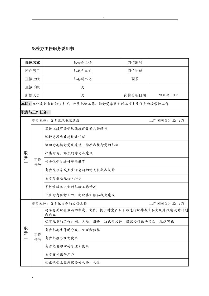 航材院纪检办主任职务说明书