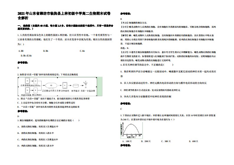 2021年山东省潍坊市临朐县上林初级中学高二生物期末试卷含解析