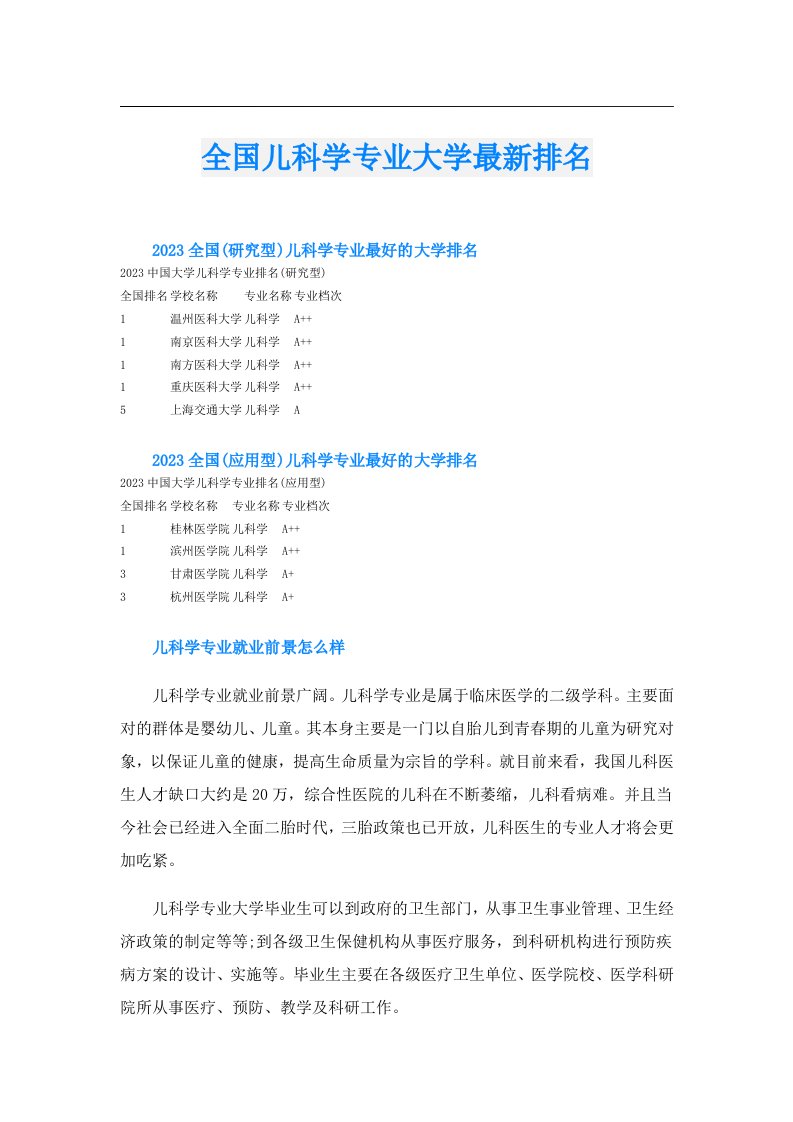 全国儿科学专业大学最新排名