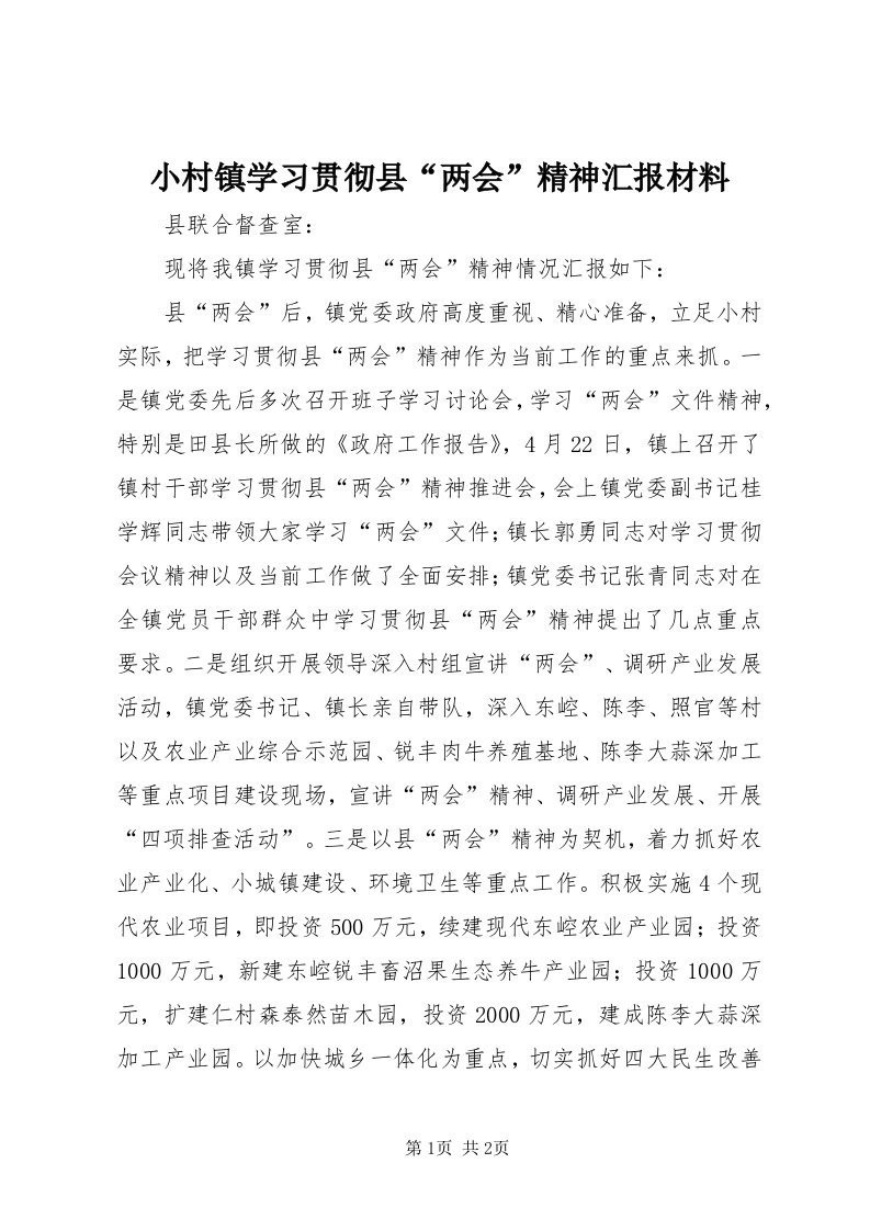 6小村镇学习贯彻县“两会”精神汇报材料