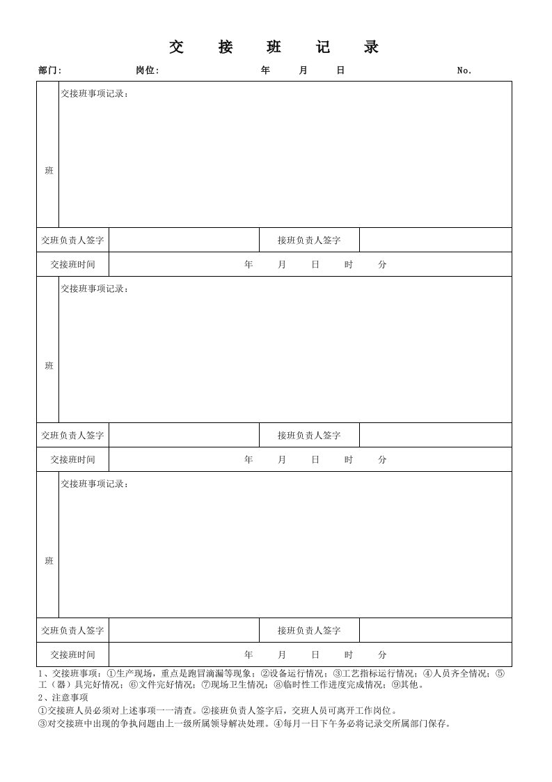 化工厂交接班记录表