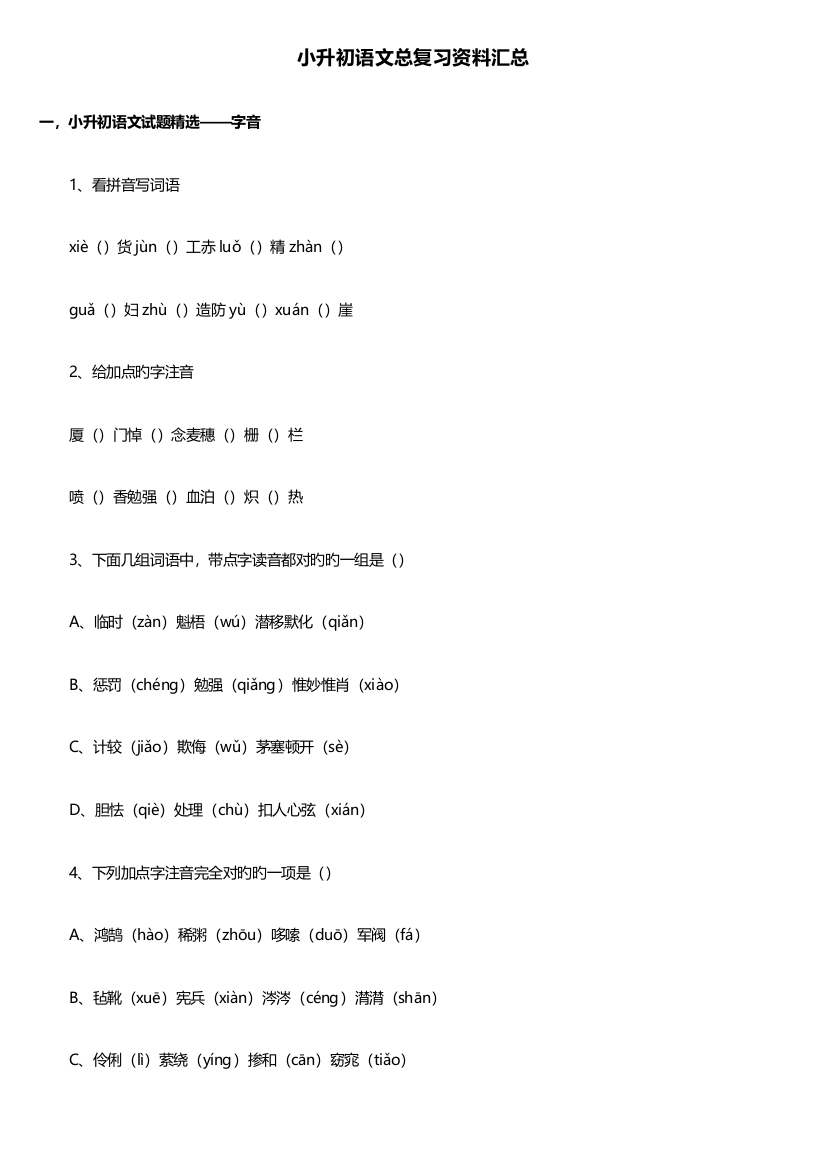 2023年小升初语文总复习资料最新版