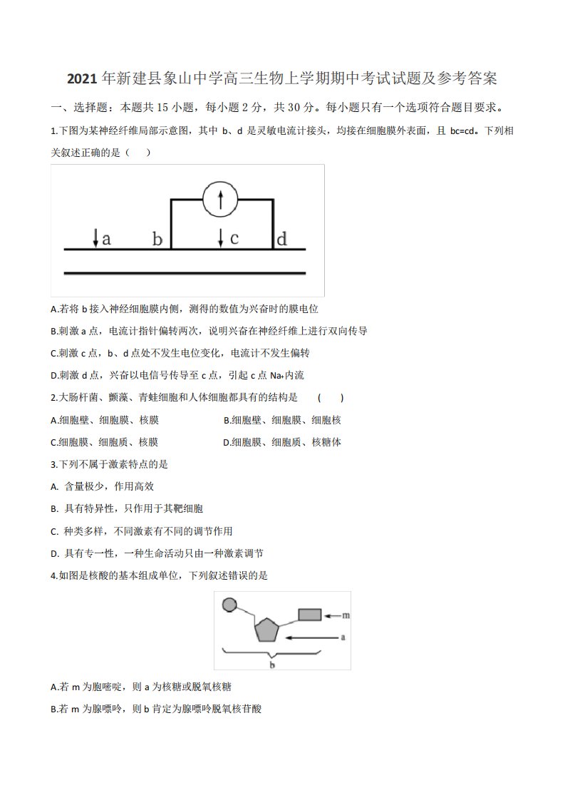 2021年新建县象山中学高三生物上学期期中考试试题及参考答案