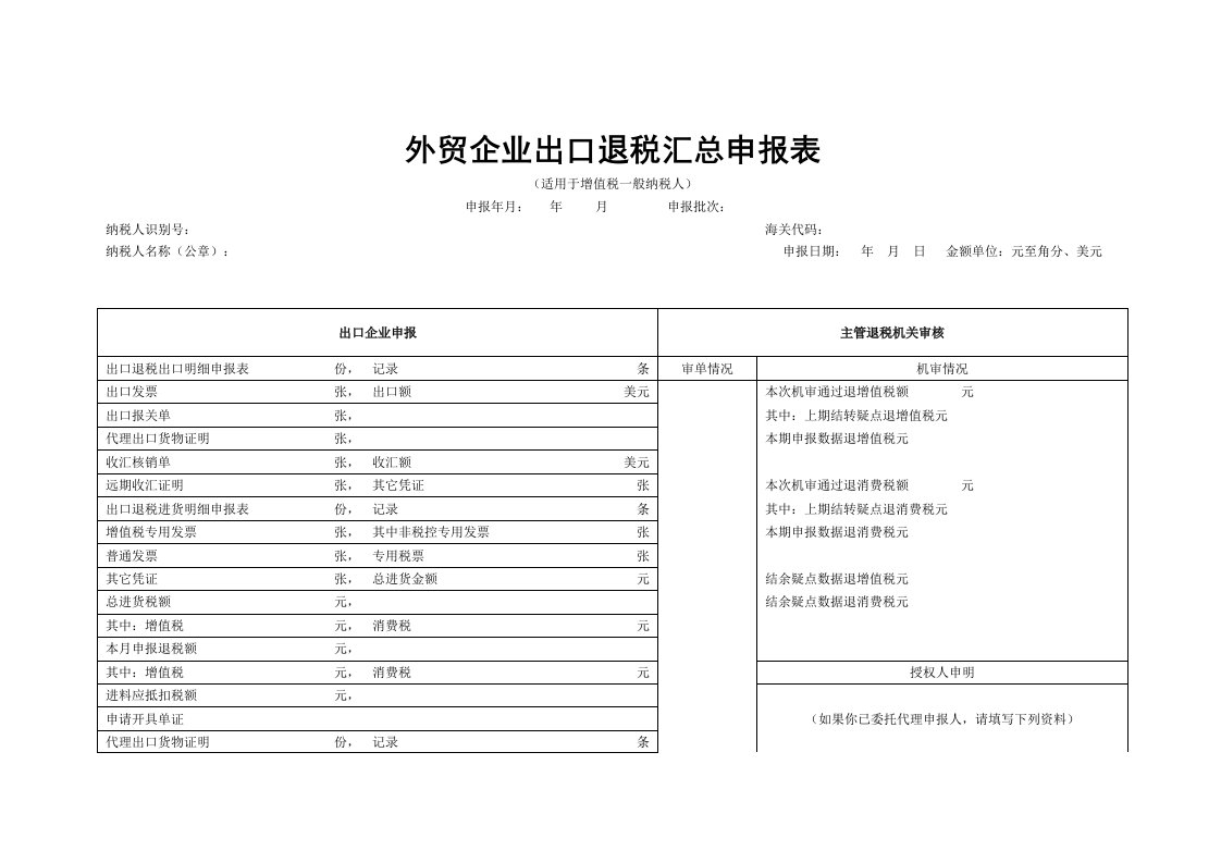 外贸企业出口退税汇总申报表