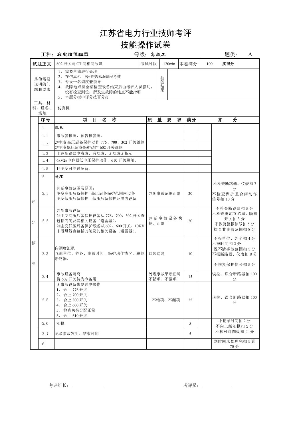 电力行业-110kV江苏省电力行业技师考评技能操作试卷