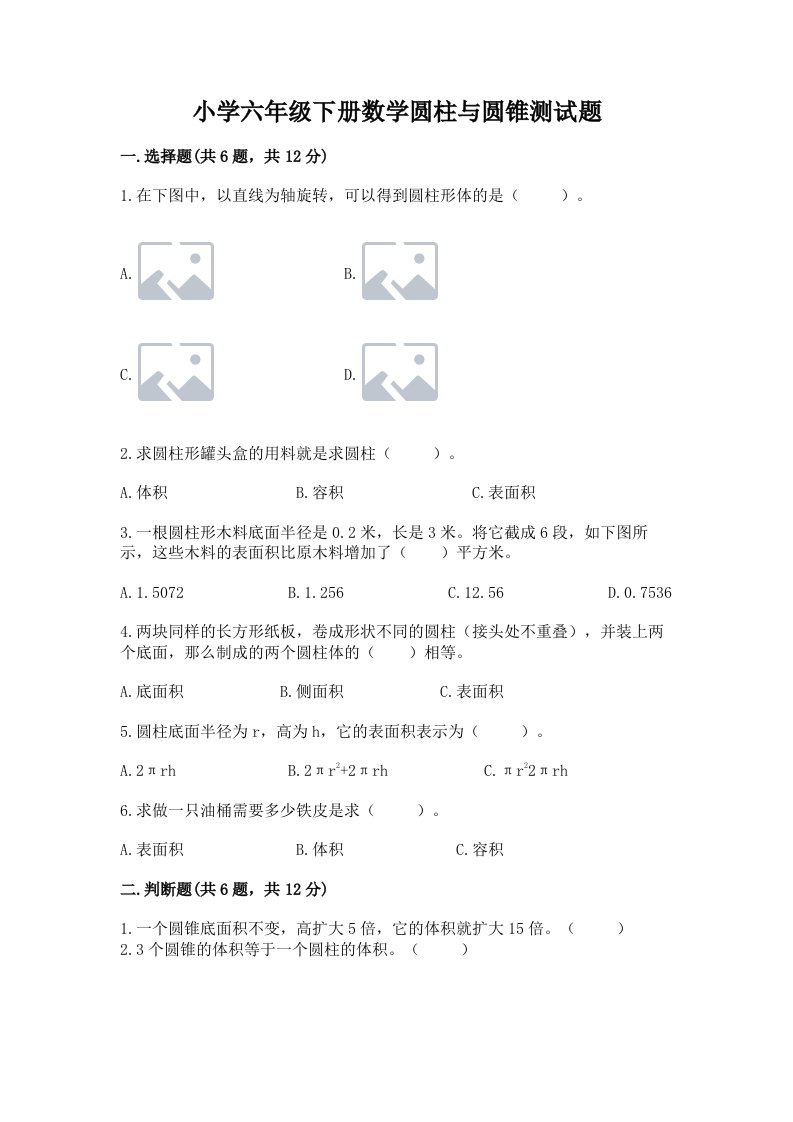 小学六年级下册数学圆柱与圆锥测试题1套