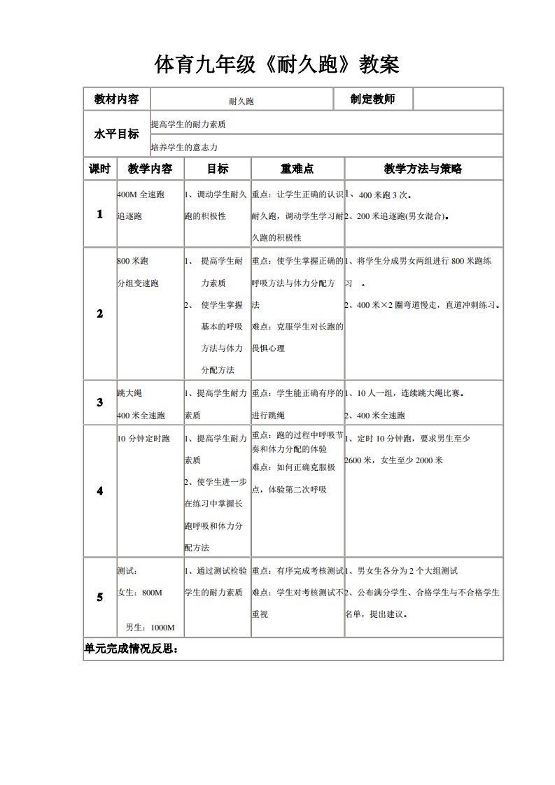 体育九年级《耐久跑》教案