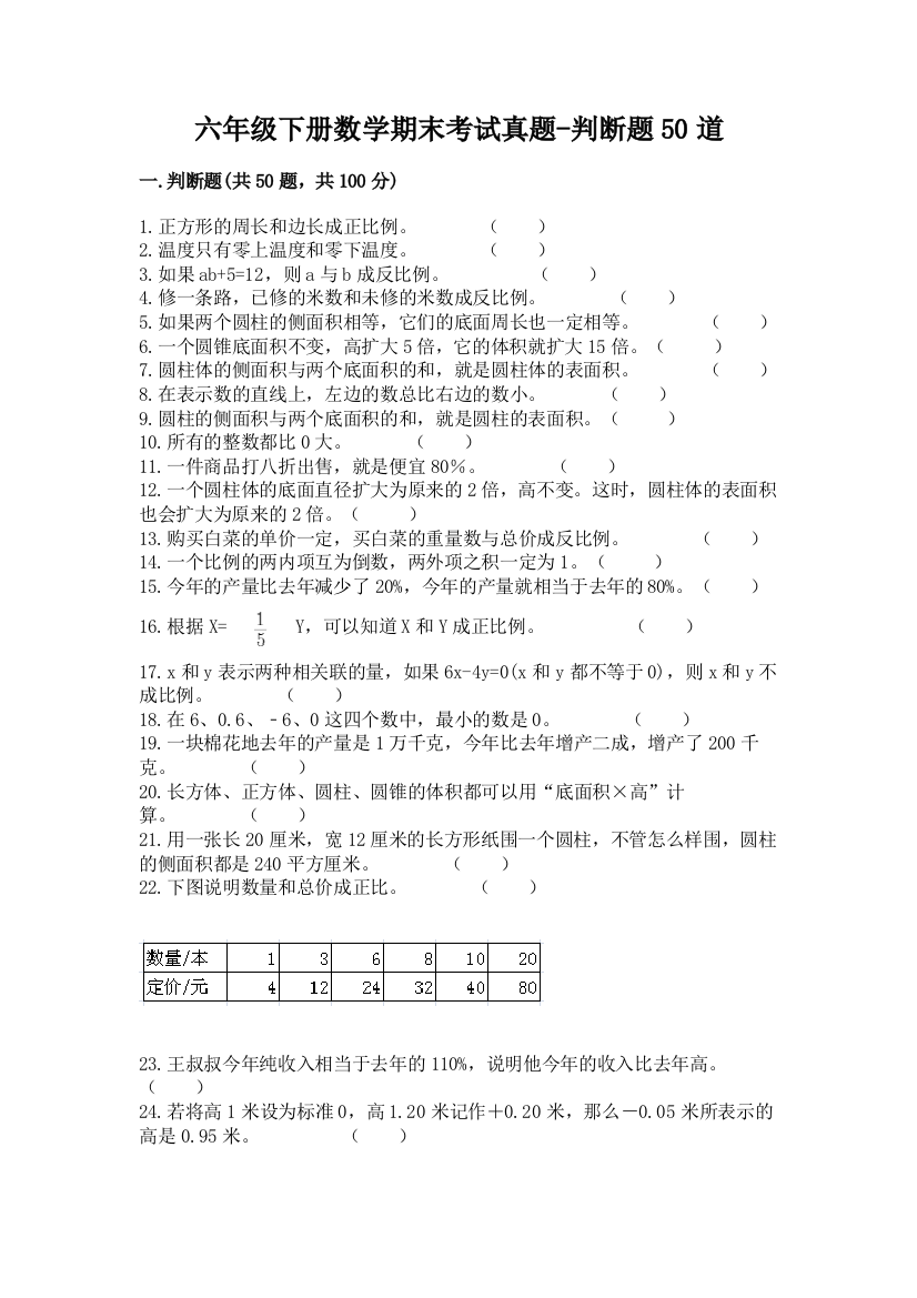 六年级下册数学期末考试真题-判断题50道附参考答案(轻巧夺冠)